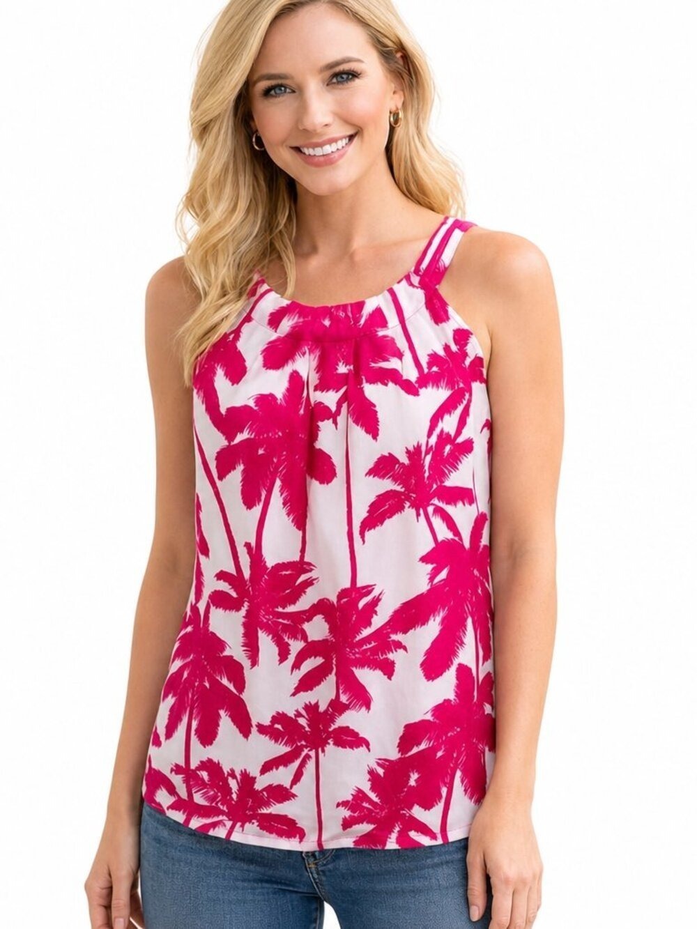Jade by Melody Tam Pink Palm Tree Tank Top | Tropical Sleeveless Blouse | Size M